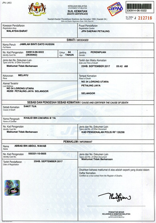 Mak Jamilah Dato' Hussin Death Certificate