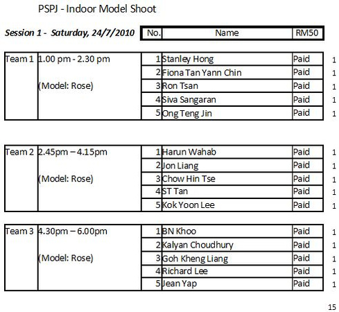 PSPJ Indoor Model Shoot Timetable