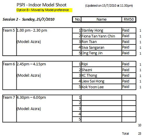 PSPJ Indoor Model Shoot Timetable