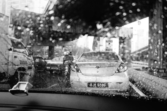 Caught in rain and traffic jam